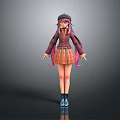 Anime Style Game Film Character With Purple Pink Long Hair Brown Coat And Plaid Skirt