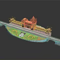 3D Model Castle Building With Bridge Green Lawn And Decorative Patterns