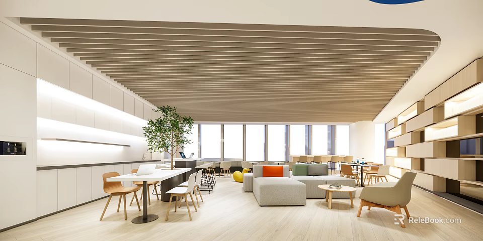 Modern Lounge Area Interior Design With Comfortable Sofa Wooden Tables And Large Green Plant 3d model 