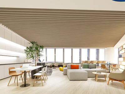 Modern Lounge Area Interior Design With Comfortable Sofa Wooden Tables And Large Green Plant 3d model