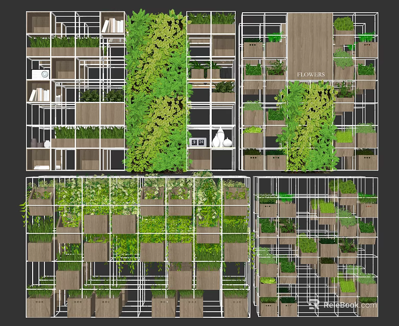 Multi Layered Garden Ornaments Structure With Green Plants And Wooden Grid Frames 3d model 