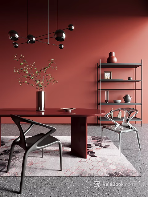 Dining Table Set With Modern Curved Chairs Red Wall Black Shelving And Decorative Plants 3d model 