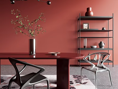 Dining Table Set With Modern Curved Chairs Red Wall Black Shelving And Decorative Plants 3d model