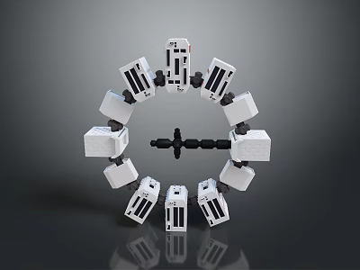 White Blocks Mechanical Structure With Circular Arrangement Black Connectors And Cross Center 3d model