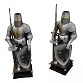 Detailed Medieval Knight Armor Sculptures With Shield Spear And Wooden Base