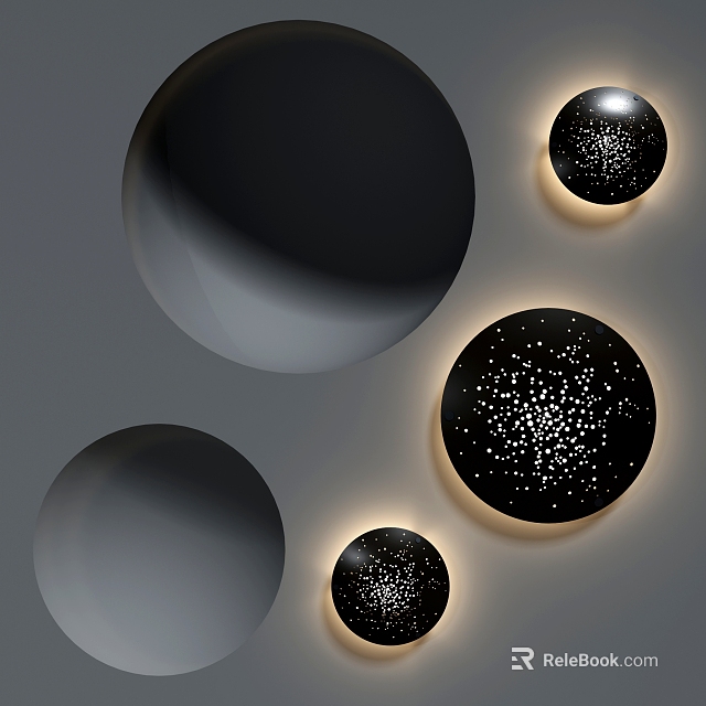 Round Black Wall Lights With Star Like Dots Illuminated On Gray Background 3d model 
