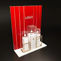 Red Background Display Stand Featuring LOGO White Bottles Golden Frame And Transparent Rack 3d model