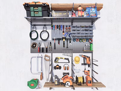 Organized Hardware Tools Storage with Pegboard Hooks Power Drills and Hand Tools on Shelf 3d model