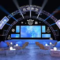 Modern Stage with Arched Structure Lighting Screens Snowflake Decorations and Chairs Tables 3d model