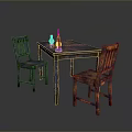 Vintage Dining Table Set with Two Distressed Wood Chairs and Blue Decorative Bottle