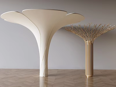 White Flower Shaped Golden Branch Like Decorative Pillars With Gray Wall and Wooden Floor 3d model