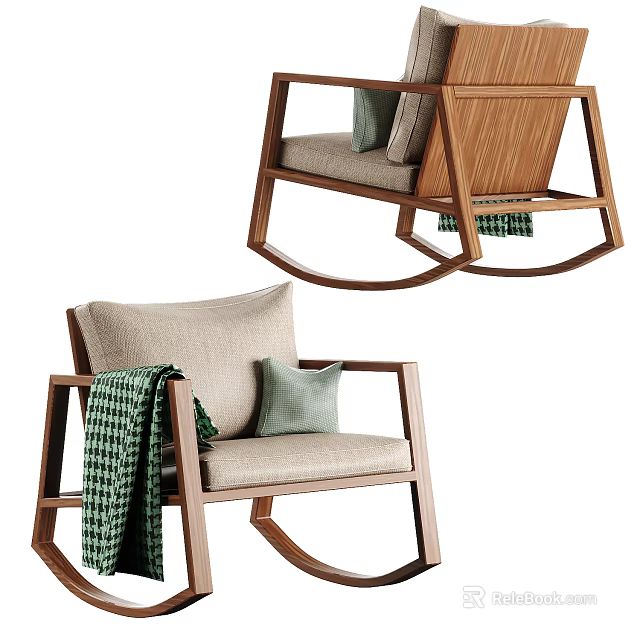 Modern Leisure Chair with Wooden Frame Beige Cushion Accent Pillow and Green Plaid Blanket 3d model 