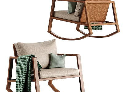 Modern Leisure Chair with Wooden Frame Beige Cushion Accent Pillow and Green Plaid Blanket 3d model