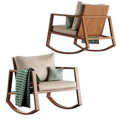 Modern Leisure Chair with Wooden Frame Beige Cushion Accent Pillow and Green Plaid Blanket 3d model