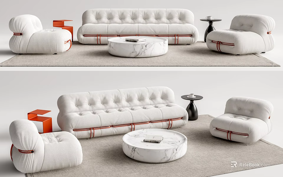 Modern White Tufted Sofa and Coffee Table Set With Round Marble Top and Orange Accents Armchairs 3d model 