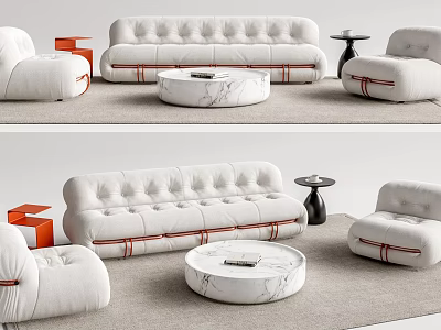 Modern White Tufted Sofa and Coffee Table Set With Round Marble Top and Orange Accents Armchairs 3d model