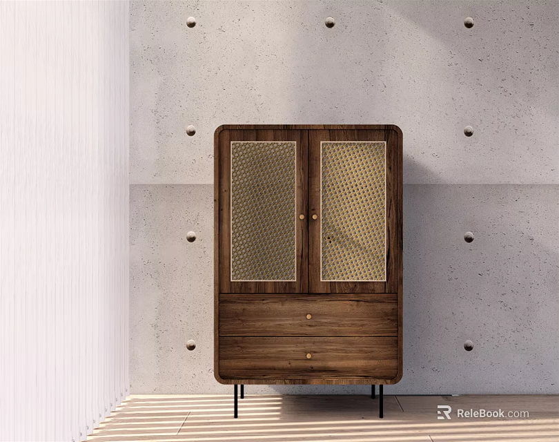 Minimalist Wooden Entryway Side Cabinet With Glass Doors Drawer And Metal Legs Against Concrete Wall 3d model 