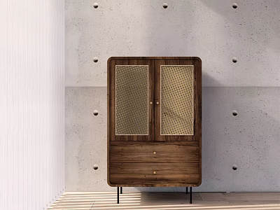 Minimalist Wooden Entryway Side Cabinet With Glass Doors Drawer And Metal Legs Against Concrete Wall 3d model