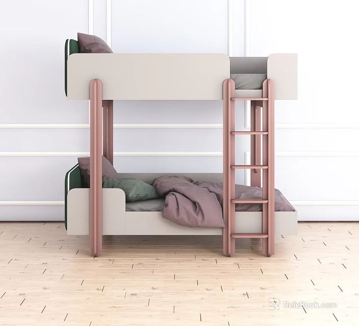 Modern Bunk Bed with Pink Frame Light Gray Mattress and Green Purple Pillows 3d model 
