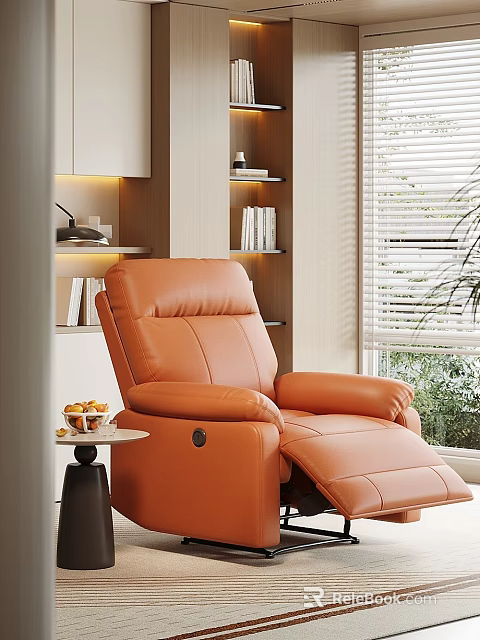 Orange Leather Recliner in Cozy Living Room with Side Table Bookshelf and Window 3d model 