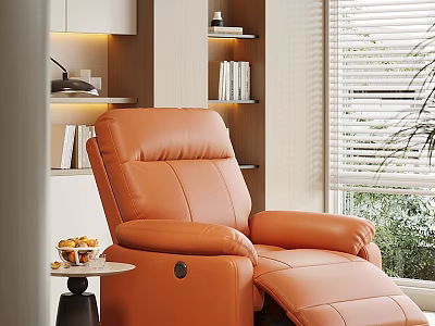 Orange Leather Recliner in Cozy Living Room with Side Table Bookshelf and Window 3d model