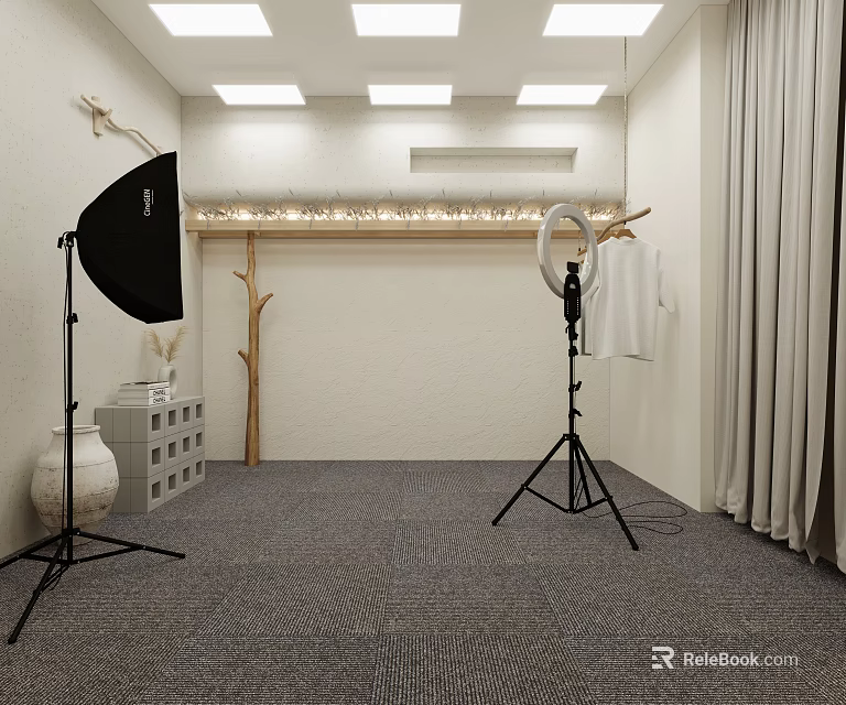 Modern Public Office Space With Photography Equipment Softbox Ring Light And Gray Carpet 3d model 