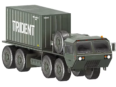 Military Green Utility Vehicle With TRIDENT Container Multi Wheels And Heavy Duty Transport Design 3d model