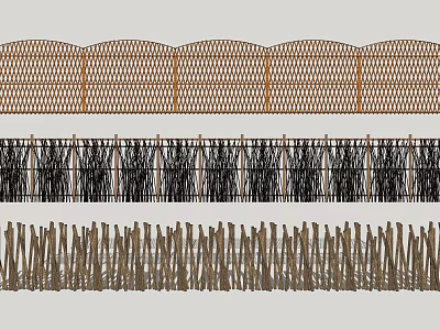 Different Types of Garden Fence Designs with Metal Mesh Vertical Slats and Wooden Sticks 3d model