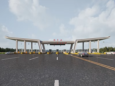 Toll Station With Overhead Structure Multiple Lanes And Passing Vehicles 3d model