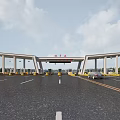 Toll Station With Overhead Structure Multiple Lanes And Passing Vehicles 3d model