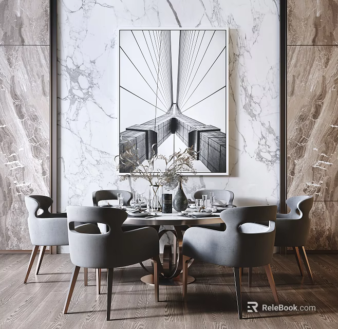 Modern Round Dining Table Set with Gray Chairs Tableware Vase and Marble Wall Art 3d model