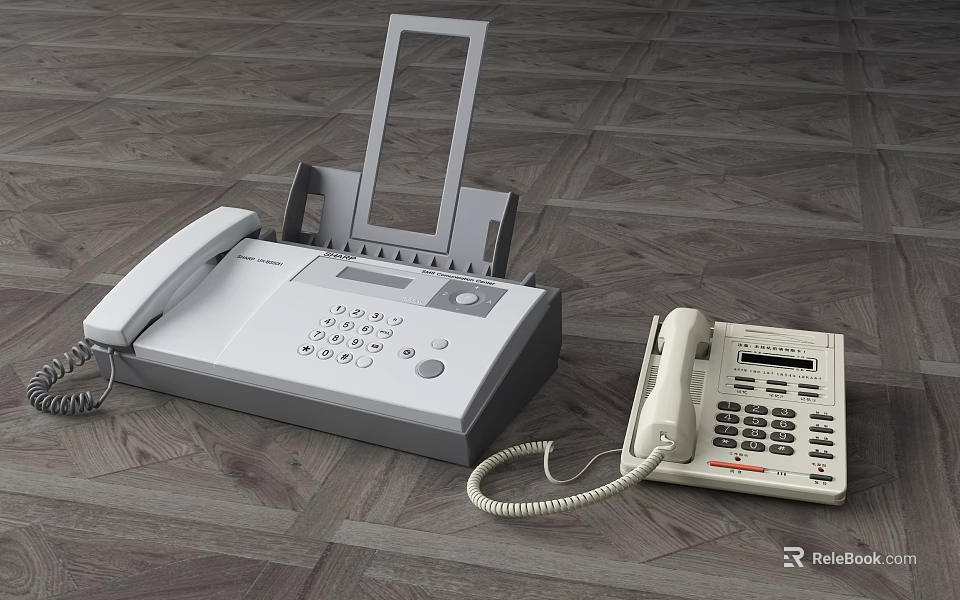 Vintage Telephones And Fax Machine Digital Communication Devices On Wooden Floor 3d model 