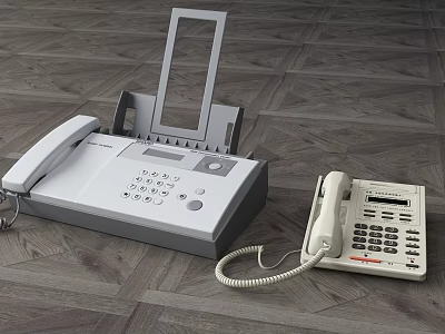 Vintage Telephones And Fax Machine Digital Communication Devices On Wooden Floor 3d model
