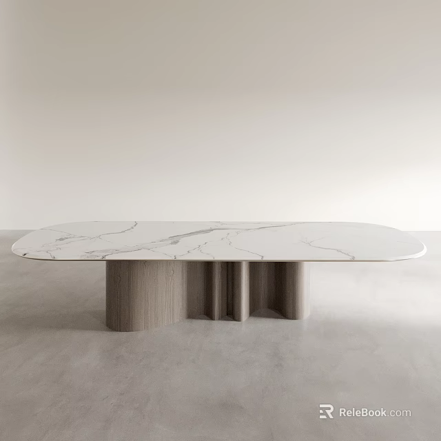 Modern Oval Dining Table With White Marble Top And Wooden Base In Minimalist Interior 3d model 
