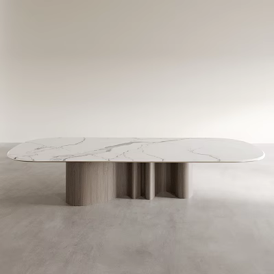 Modern Oval Dining Table With White Marble Top And Wooden Base In Minimalist Interior 3d model