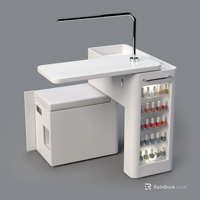 White Functional Desk With Storage Cabinet Tabletop And Colorful Nail Polish Display Shelf 3d model 