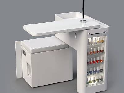 White Functional Desk With Storage Cabinet Tabletop And Colorful Nail Polish Display Shelf 3d model
