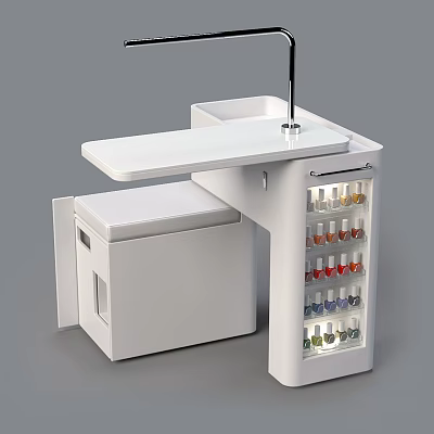 White Functional Desk With Storage Cabinet Tabletop And Colorful Nail Polish Display Shelf 3d model