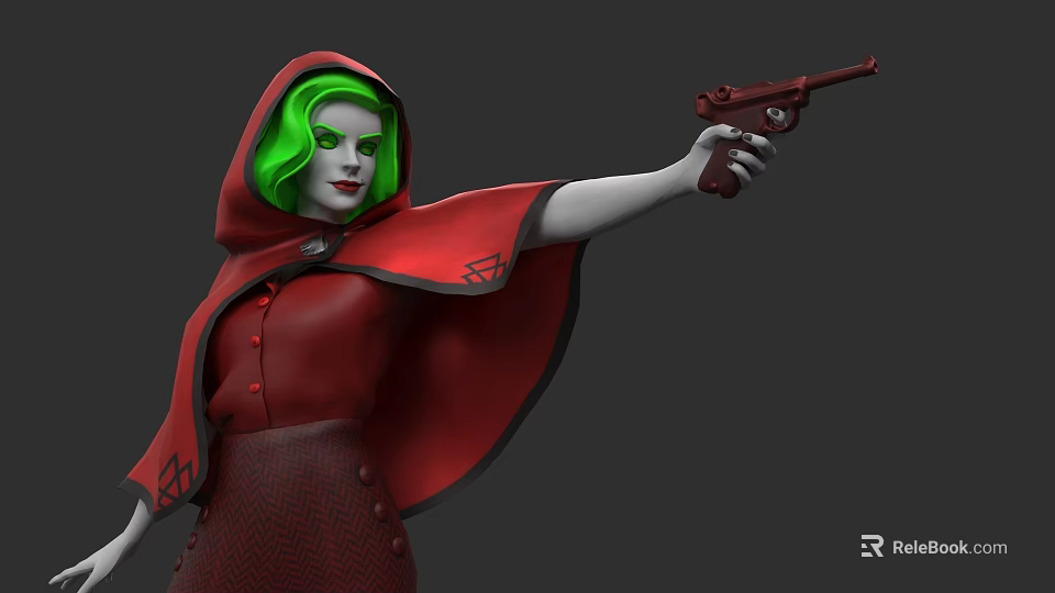 Woman With Green Hair And Red Cloak Holding A Gun In Dark Setting 3d model 