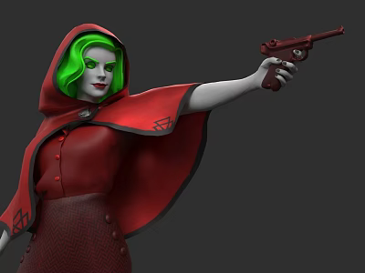 Woman With Green Hair And Red Cloak Holding A Gun In Dark Setting 3d model