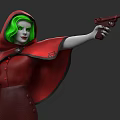 Woman With Green Hair And Red Cloak Holding A Gun In Dark Setting