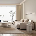 Modern Minimalist Living Room Interior With Large Screen TV Beige Sofa And Blue Armchair