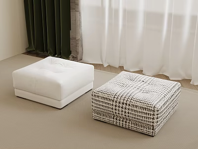 White Padded And Woven Pattern Stools On Beige Carpet With Green White Curtains 3d model