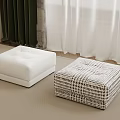 White Padded And Woven Pattern Stools On Beige Carpet With Green White Curtains