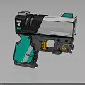 Sleek Futuristic Sci Fi Weapon Featuring Black White Teal Colors Yellow Accents and Warning Symbol