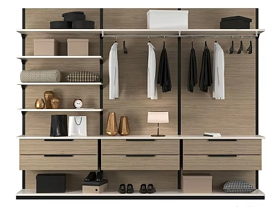 Sleek Modern Wardrobe Interior With Hanging Area Shelves Drawers Shoes Storage Boxes And Decorative Items 3d model