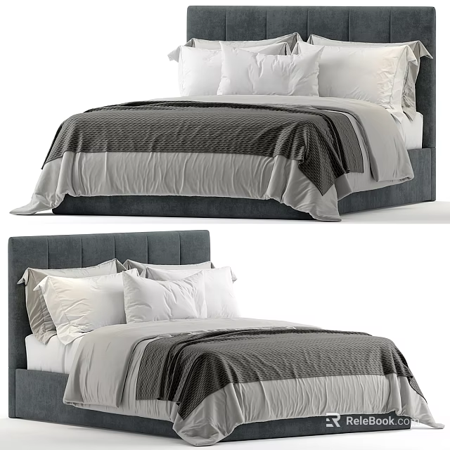 Modern Double Bed Interior Design With Gray Headboard White Pillows And Layered Bedding 3d model