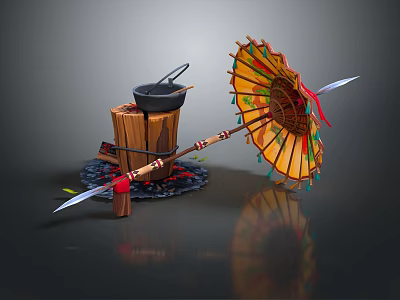 Handcrafted Ethnic Style Wooden Stump Furniture With Colorful Umbrella And Feathers 3d model