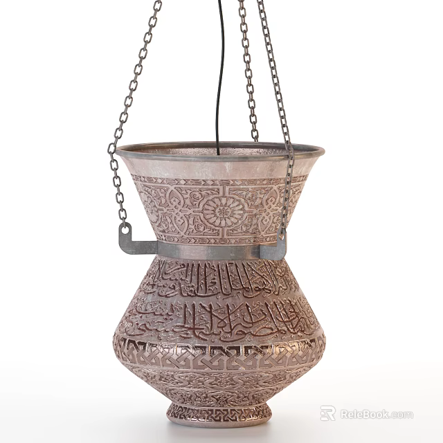 Elegant Oriental Carved Chandelier with Intricate Artistic Patterns and Hanging Chains 3d model 