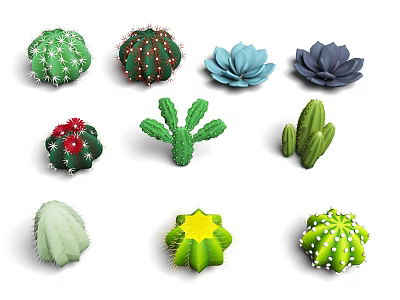 Colorful Cactus Plants In Various Shapes With Green Blue And Purple Hues 3d model